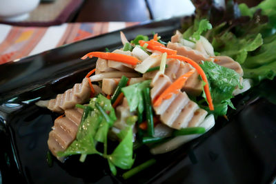 High angle view of chopped vegetables in plate