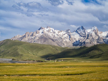 Scenic view of snowcapped mountains against sky