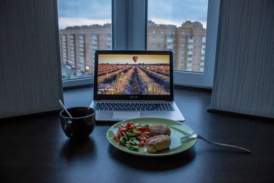 High angle view of breakfast served on table