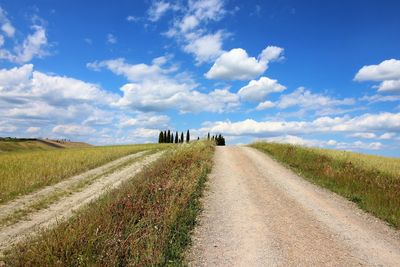 Dirt road amidst field against sky