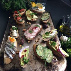 High angle view of sandwiches on tray