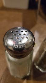 High angle view of wineglass on table