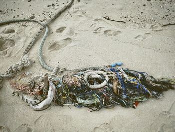 High angle view of fishing rod on beach