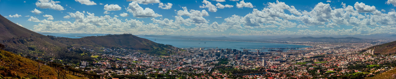 Panoramic shot of townscape by sea against sky