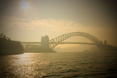 Bridge over river in city at sunset