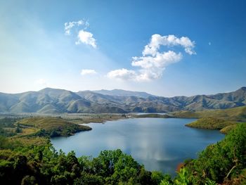 Scenic view of lake and mountains against sky
