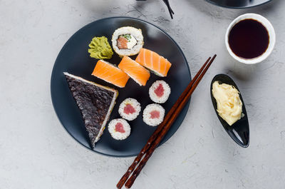 High angle view of sushi served in plate