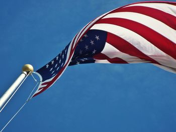 Low angle view of american flag waving against sky