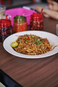 High angle view of meal served on table