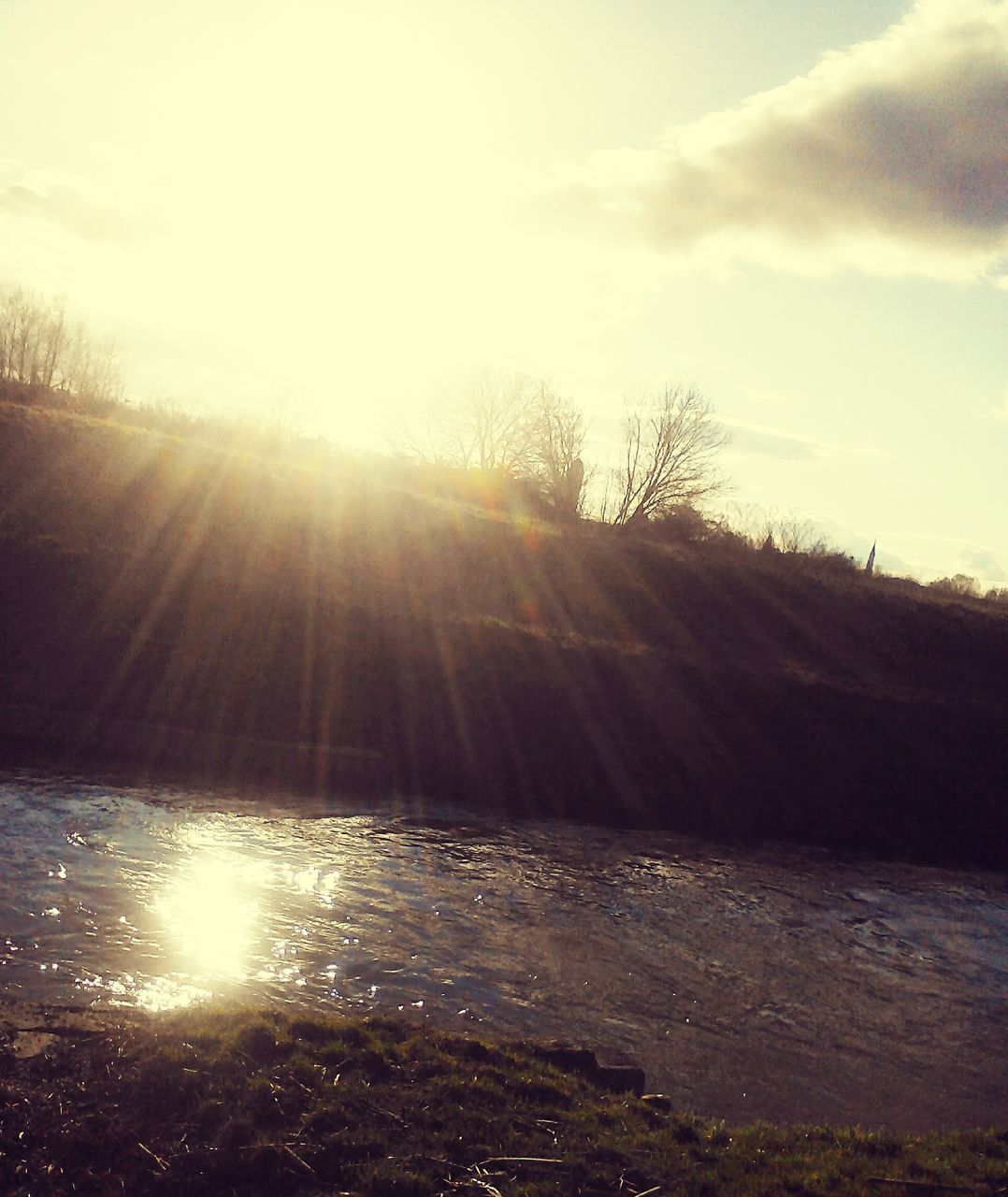 sun, sunbeam, lens flare, sunlight, sky, tranquility, water, tranquil scene, bright, scenics, beauty in nature, nature, sunny, tree, reflection, sunset, shiny, silhouette, cloud - sky, idyllic