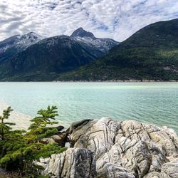 Scenic view of lake and mountains against sky