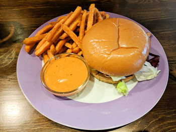 High angle view of burger on table