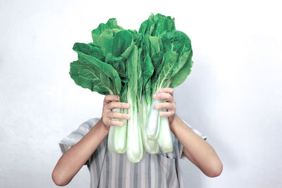Midsection of a boy holdingfresh vegetables against white background