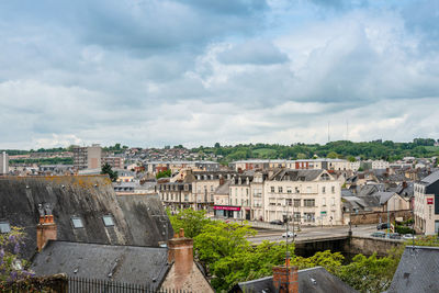 High angle shot of townscape against sky