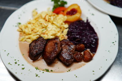 High angle view of food served in plate