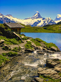 Scenic view of lake by mountains against sky