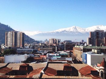 View of cityscape against clear blue sky