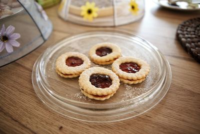 High angle view of dessert in plate on table