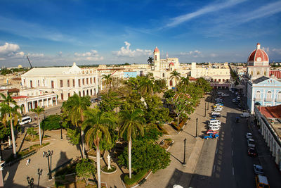 High angle view of buildings in city