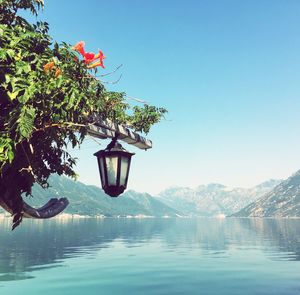 Swimming pool by lake against clear sky