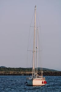 Sailboat sailing on sea against clear sky