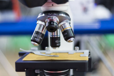 Close-up of microscope in laboratory