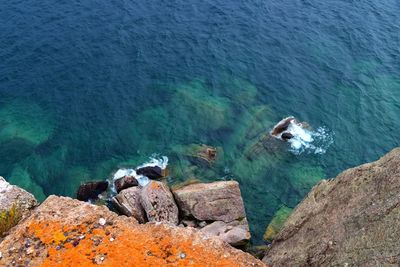 High angle view of rocks by sea
