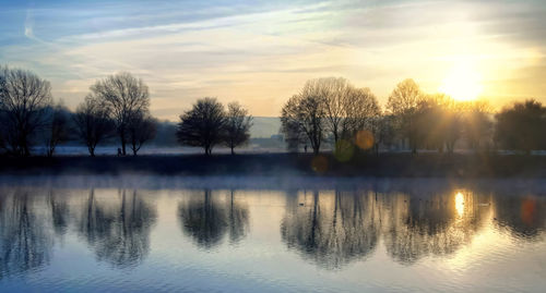 Reflection of trees in lake during sunset