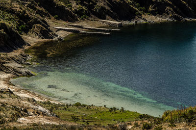 High angle view of lake and trees