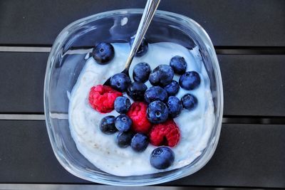 Directly above breakfast in bowl on table