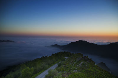 Scenic view of mountain against sky during sunset