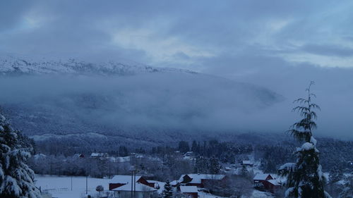 Scenic view of snow covered mountains against sky