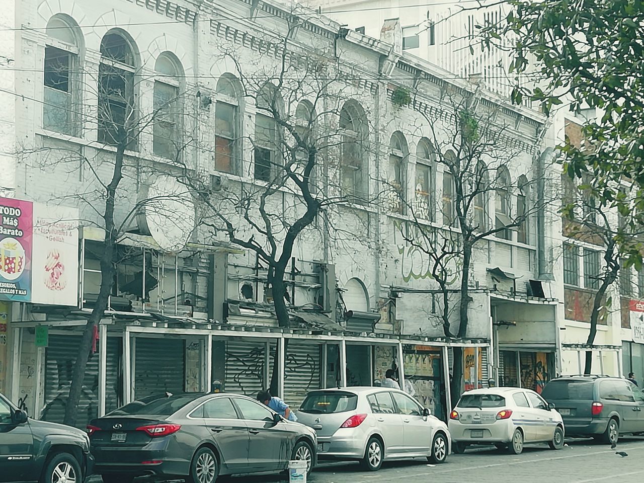 building exterior, car, architecture, motor vehicle, built structure, mode of transportation, land vehicle, city, transportation, building, street, day, no people, bare tree, tree, road, outdoors, stationary, residential district, plant