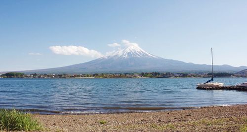 Scenic view of lake and mountains against sky