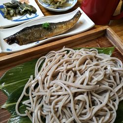 Close-up of noodles in bowl on table