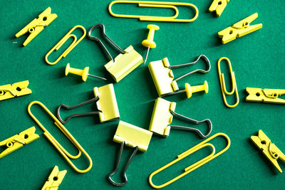 High angle view of multi colored pencils on table