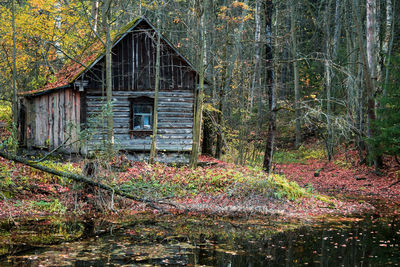 Old wooden house in a colorful autumn forest near the lake