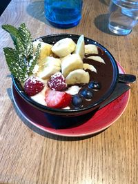 High angle view of breakfast served on table