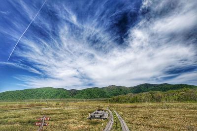 Road by field against sky