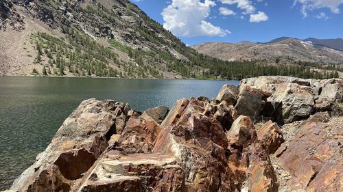 Scenic view of lake and mountains against sky