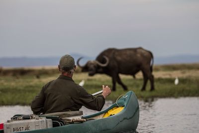 Rear view of man paddling