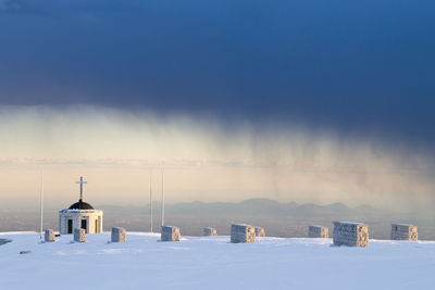 Snow covered landscape against sky