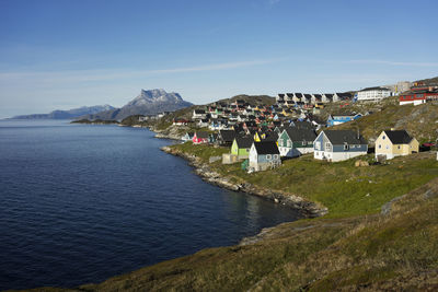 Town by sea against sky