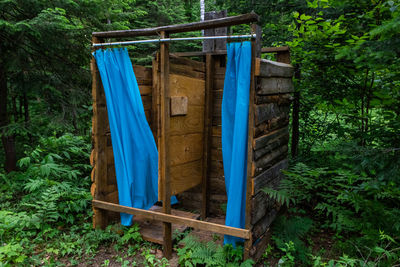 Clothes hanging on tree trunk in forest