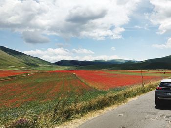 Scenic view of road by mountain against sky