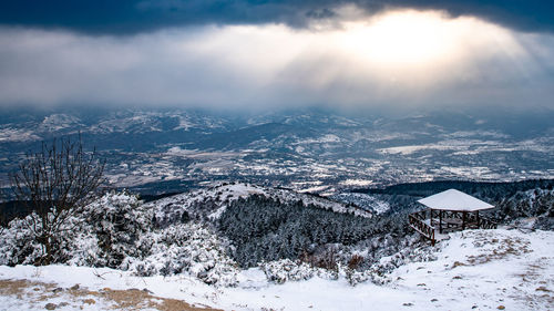 Snow covered landscape against sky