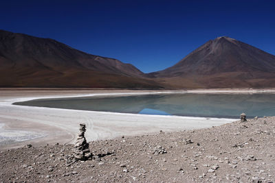 Scenic view of lake and mountains against clear blue sky