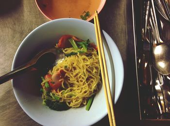 High angle view of noodles in bowl on table