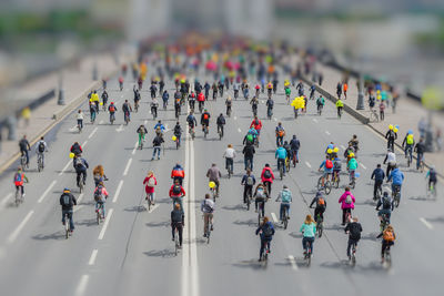 High angle view of people on road