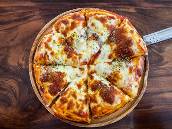 High angle view of pizza on table